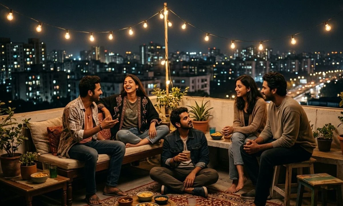 Night captions for friends enjoying a rooftop hangout