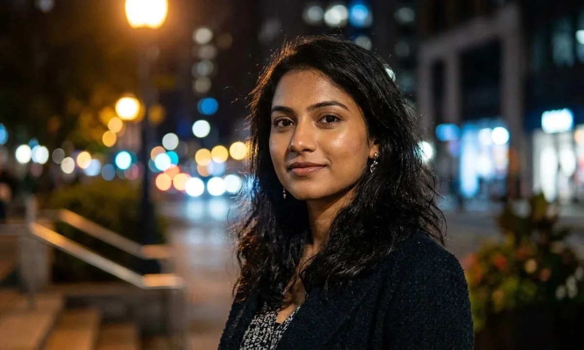 Night selfie captions for Instagram with city light bokeh