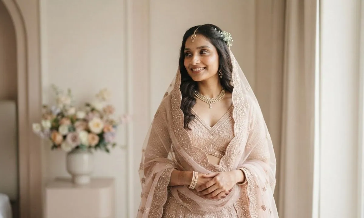 Short and one word lehenga captions for Instagram with an elegant pastel lehenga